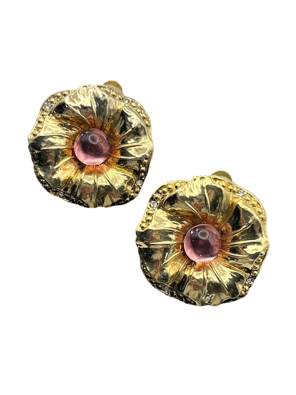 Pink cabochon gold tone oversized flower clip on vintage earrings